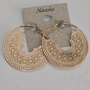 Natasha Gold Tone Huge Large Filigree Hoop‎ Earrings New!!